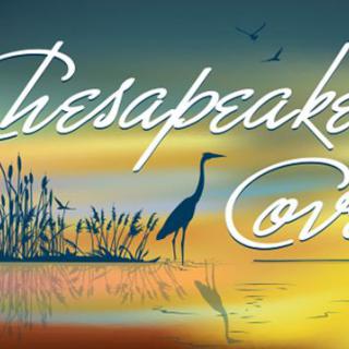 A serene sunset scene with birds and water, featuring the text 'Chesapeake'.