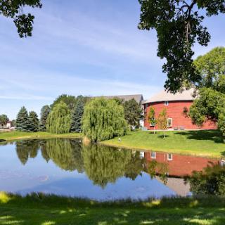 A serene landscape featuring a pond reflecting surrounding trees and a charming red building.