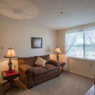 A cozy living room with a sofa, two lamps, and a window with curtains.
