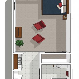 A top-down view of a floor plan showing a bedroom with furniture layout.