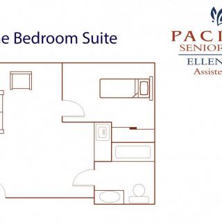 Floor plan of a one-bedroom suite at Pacifica Senior Living.