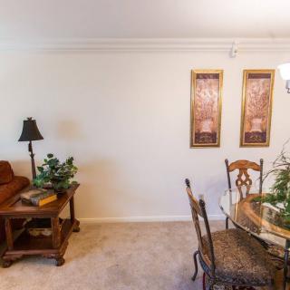 A cozy living and dining area featuring a wooden dining table with chairs, a comfortable sofa, decorative wall art, and greenery accents.