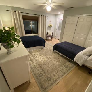 A neatly organized bedroom featuring twin beds, a large rug, and stylish decor elements such as plants and neutral curtains.