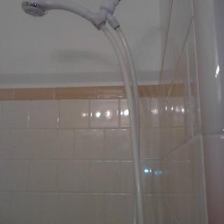 A shower with a handheld showerhead and tiled wall in a bathroom.