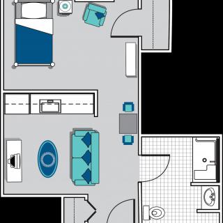 Illustration of a one-bedroom apartment floor plan showing furniture placement and room layout.