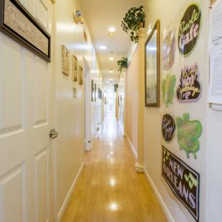 A brightly lit hallway with various decorations and artworks on the walls, featuring plants and several doorways along its length.