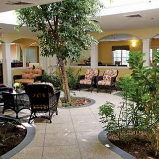 A serene indoor garden with comfortable seating and lush greenery.