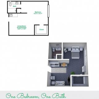 3D rendering and floor plan of a one-bedroom, one-bathroom apartment layout.