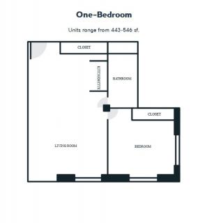One-bedroom apartment floor plan with dimensions ranging from 460-540 sq. ft.