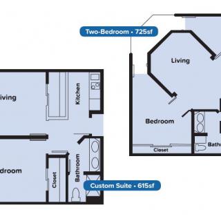 Floor plans for two apartment types: a two-bedroom and a garden suite.