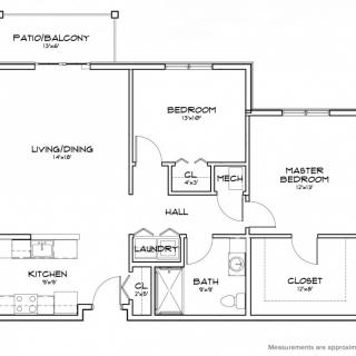 A detailed floor plan of a residential home illustrating the layout of rooms, including a master bedroom, kitchen, bathroom, and living/dining area.