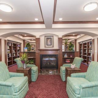 A cozy library interior with armchairs and a fireplace, surrounded by bookshelves.