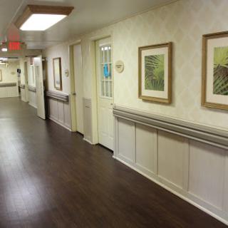 A well-lit hallway displaying framed artwork and a decorative interior design.
