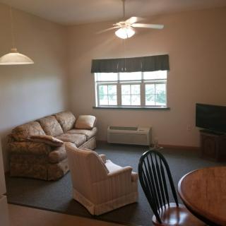 A cozy living room with a sofa, armchair, and dining area.