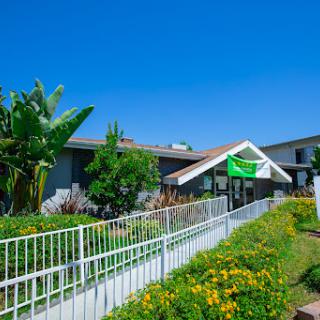 A sunny day showcasing a residential building surrounded by vibrant gardens.