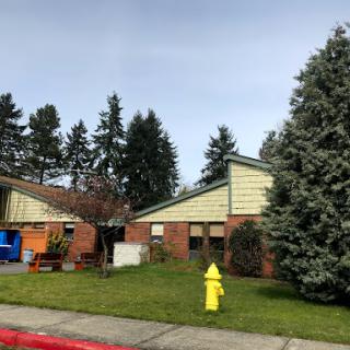 A view of a residential area featuring houses, trees, and a yellow fire hydrant.