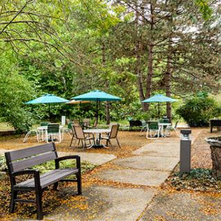 A serene outdoor space with benches and tables under umbrellas, surrounded by lush greenery.