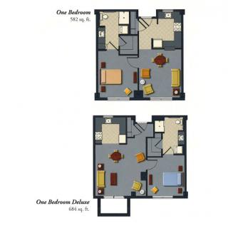Two one-bedroom apartment floor plans showcasing different layouts.