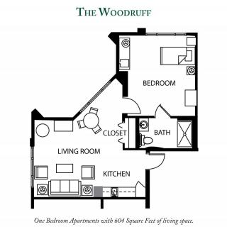 The Woodruff one-bedroom apartment floor plan, featuring a living area, kitchen, bedroom, bathroom, and closet.