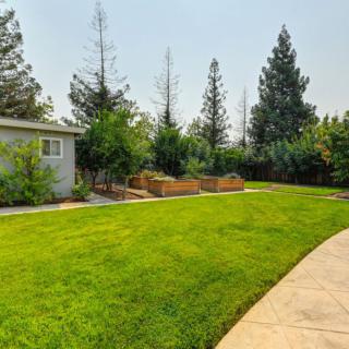 A well-maintained backyard with a lush green lawn, surrounded by trees and garden planters.
