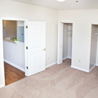 An empty bedroom with white walls, a carpeted floor, and open closets.
