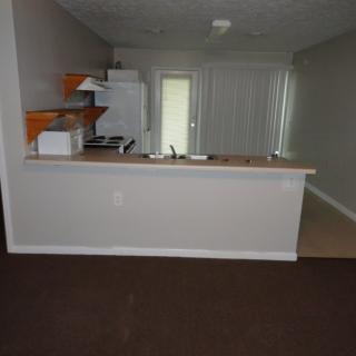 An empty apartment with a view of the kitchen and living room.
