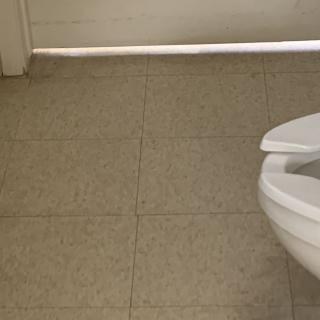 A tiled bathroom floor with a toilet in view.