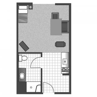 A floor plan of a studio apartment featuring a living area, kitchen, and bathroom.