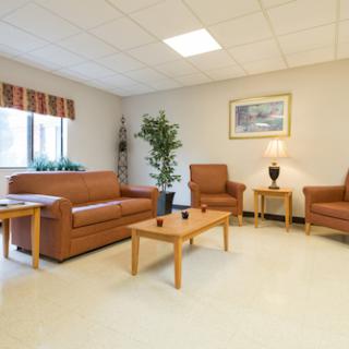 A cozy lounge area with brown leather furniture and a touch of greenery.