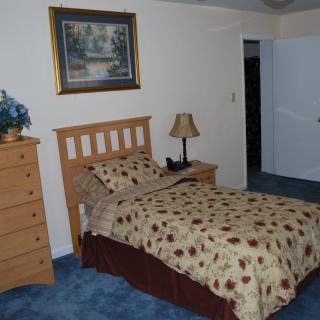 A neatly arranged bedroom with a single bed, dresser, lamp, and a painting on the wall.