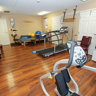 A cozy home gym with various exercise equipment including a treadmill and stationary bike on a wooden floor.