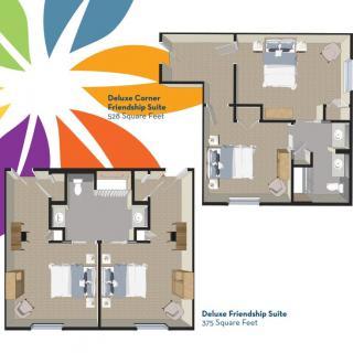 This image shows two floor plans: a Deluxe Corner Hospitality Suite and a Deluxe Friendship Suite.