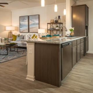 A modern open-concept kitchen and living room with stylish decor.