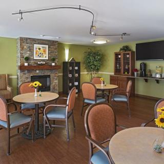 A cozy dining area with round tables and chairs, featuring a fireplace, decorative plants, and a television.