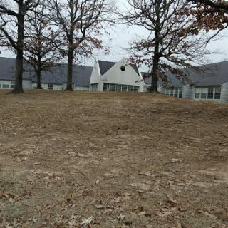 A view of a house surrounded by trees on a cloudy day.