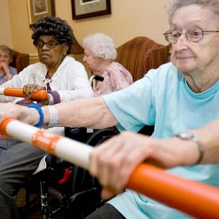 A group of elderly individuals participating in a seated exercise class, focusing on health and fitness.