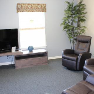 A cozy living room with a television, armchairs, and a potted plant.