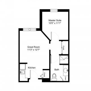 A floor plan of an apartment featuring a master suite, great room, kitchen, and bathroom.