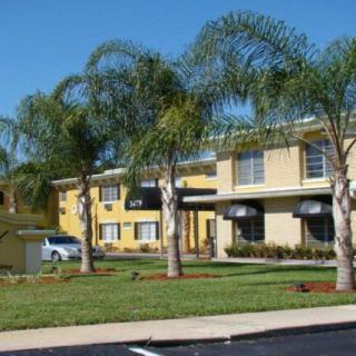A sunny day with palm trees in front of a two-story building.