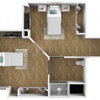A modern two-bedroom apartment floor plan showcasing an efficient layout.
