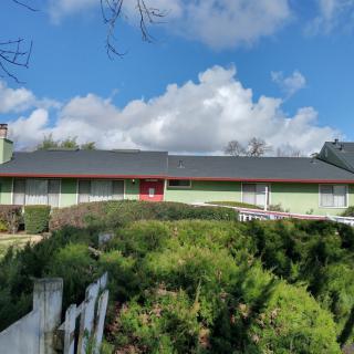 A modern house with a garden under a clear blue sky.