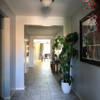A well-lit and inviting hallway featuring decorative plants and neutral wall colors.