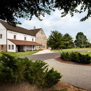A serene view of a charming building set amidst lush greenery and a winding road.