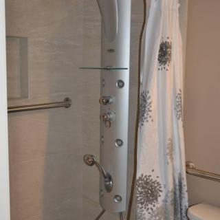 A modern bathroom with a sleek shower system and decorative shower curtain.