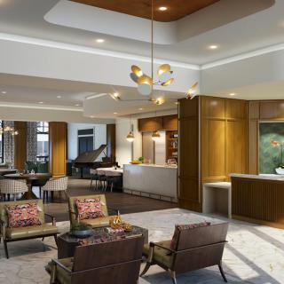 A modern living room with comfortable seating and stylish lighting.
