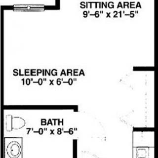 Floor plan of a studio apartment featuring a sitting area, sleeping area, and bathroom.