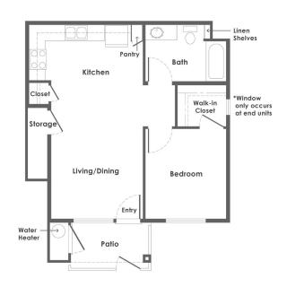 A floor plan of an apartment featuring a kitchen, bedroom, living/dining area, bath, walk-in closet, patio, and storage space.