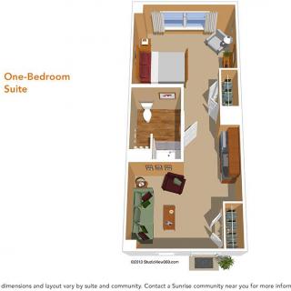 One-bedroom apartment floor plan with living room, kitchen, and bathroom.
