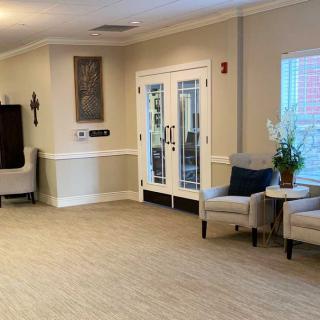 A bright and welcoming lobby with comfortable seating and natural light.