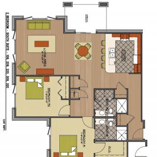 A detailed floor plan of a two-bedroom apartment featuring a living room, kitchen, two bathrooms, and a balcony.